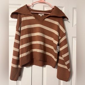 sweater, NWT, brown color with tan stripes, bell sleeves, hits at waist
